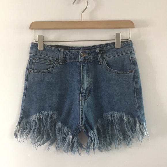 High waisted denim frayed blue jean shorts - Picture 5 of 6